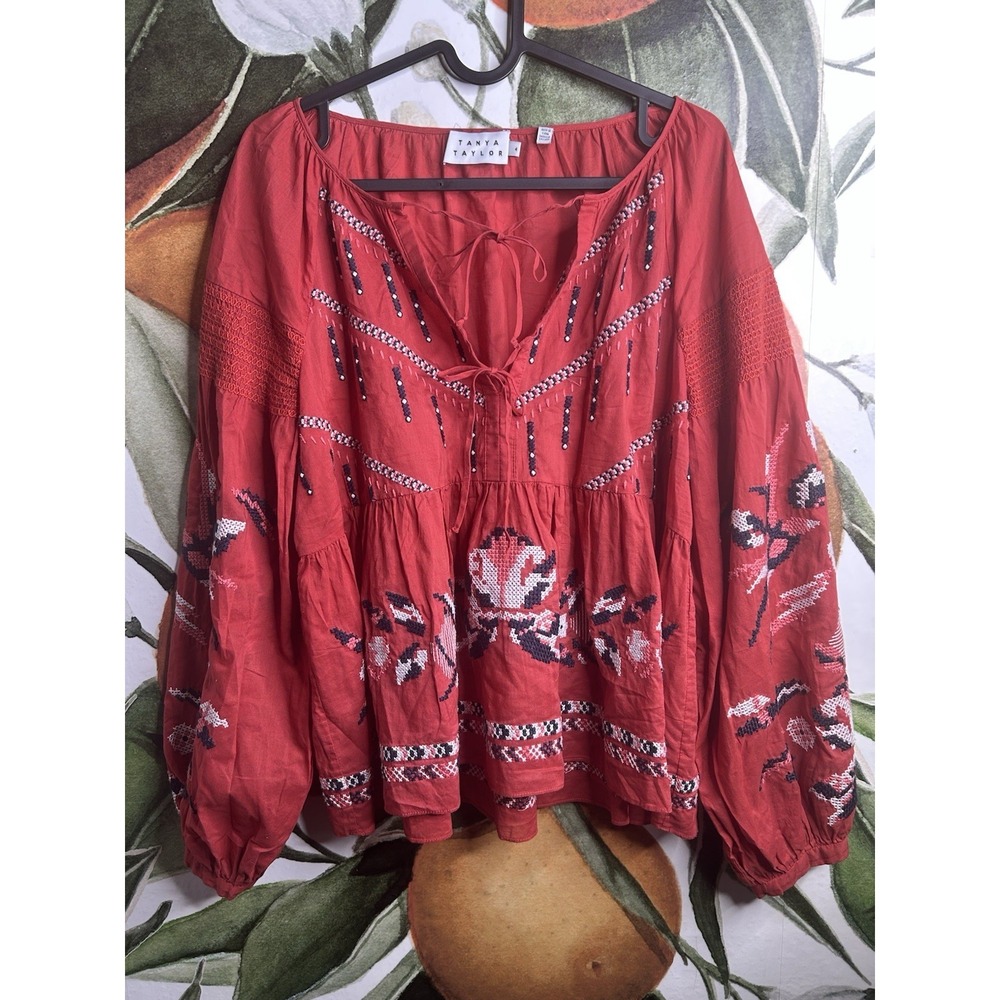 Tanya Taylor Women's Size 4 Red Embroidered Popover Peasant Blouse Boho Chic Top